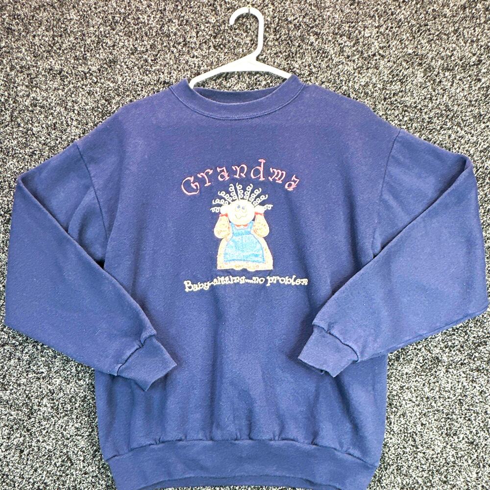 Vintage 90s TSI Grandma Babysitting Crewneck Sweatshirt Navy Blue Medium USA
